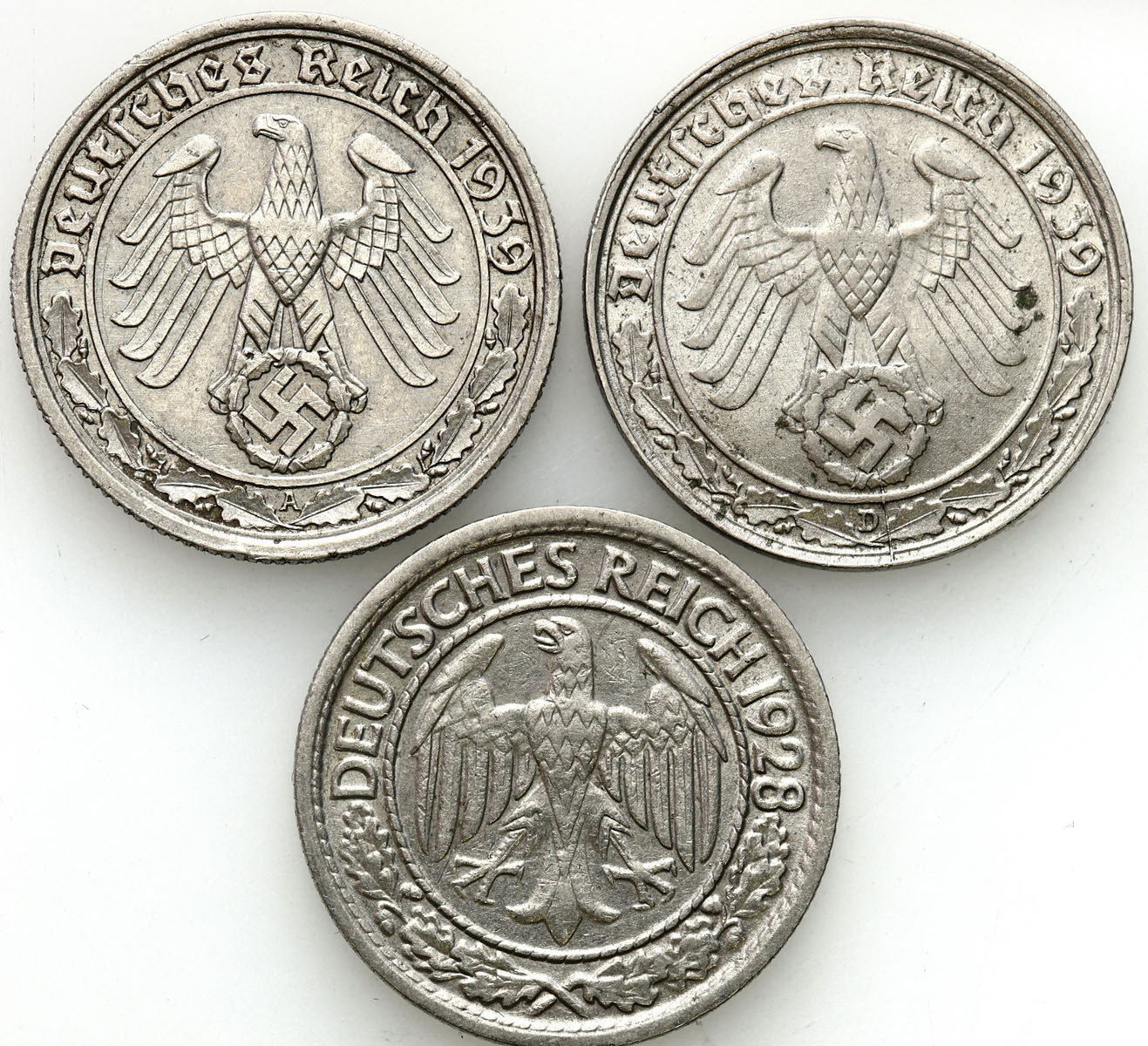 Niemcy, Weimar i III Rzesza. 50 fenigów 1928, 1939, zestaw 3 monet